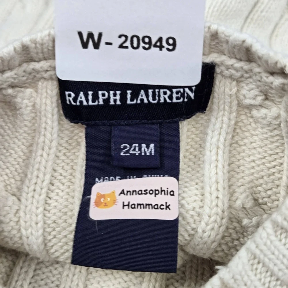 Ralph Lauren Toddler Sweater 24M Beige Embroidered Cable Knit Pony Logo